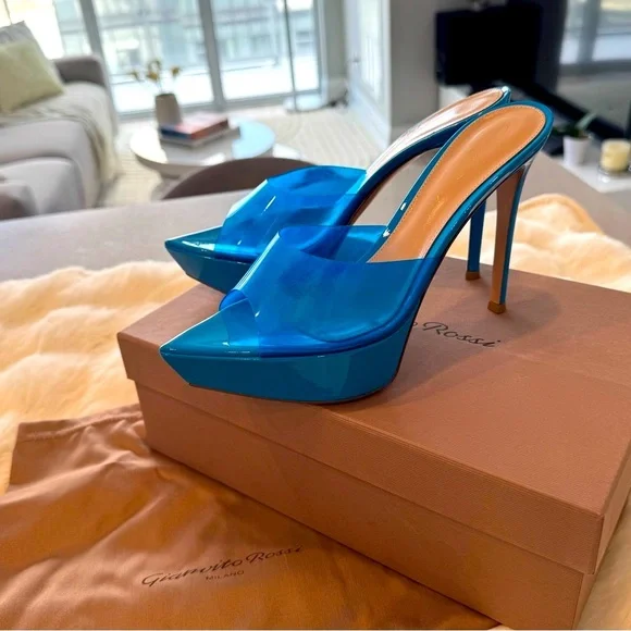 GIANVITO ROSSI Betty Glass Turquoise Platform Mules. - Picture 11 of 17